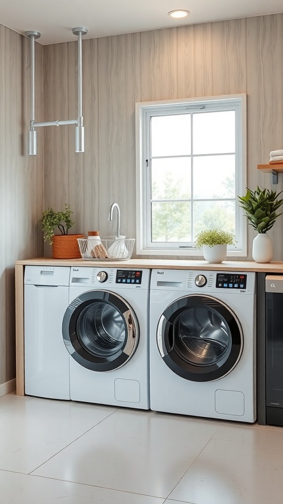 A modern laundry room featuring energy-efficient washing machines and a clean, organized space.