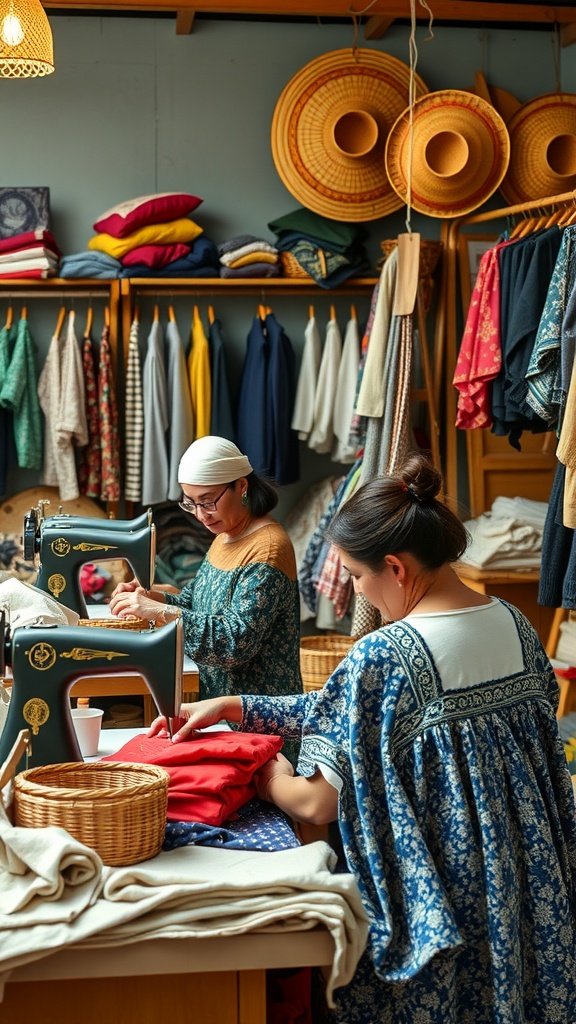 A cozy workshop filled with various fabrics and garments, showcasing the craftsmanship of local artisans.