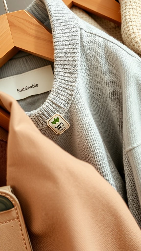 Close-up of clothing items labeled 'Sustainable' hanging on wooden hangers.