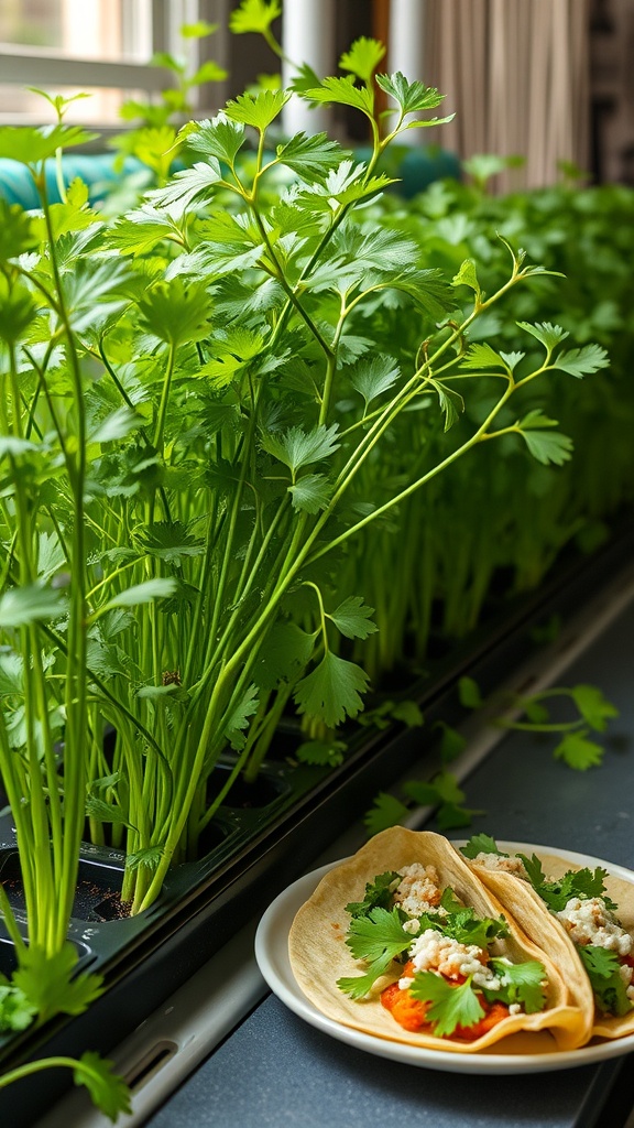 Fresh cilantro growing indoors next to a plate of tacos.
