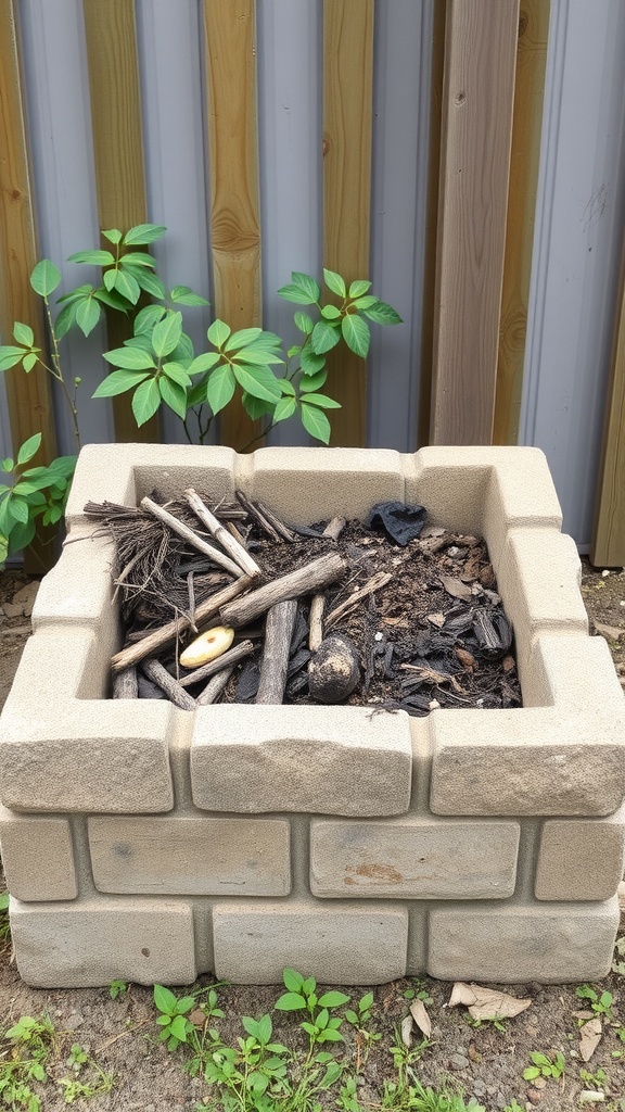 Cinder block compost bin filled with organic waste and surrounded by greenery.