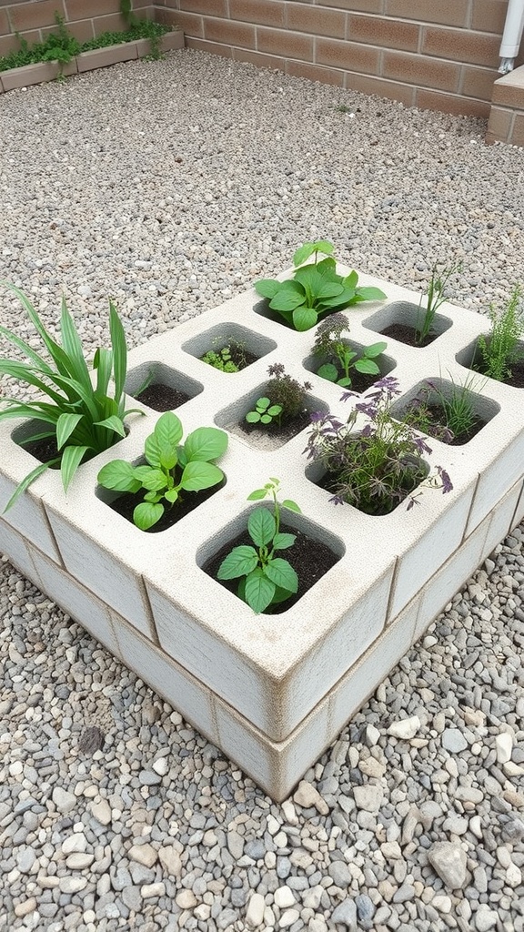 Cinder block herb garden planter with various herbs growing in it.