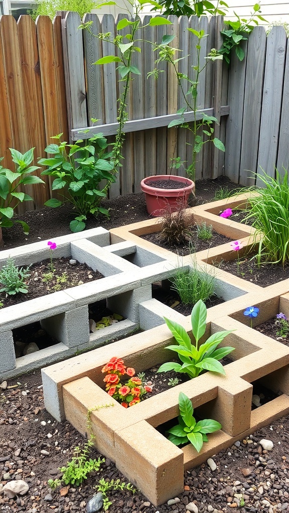 Cinder block planters filled with various plants in a garden setting.