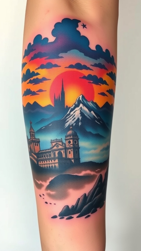 A colorful tattoo depicting a cinematic landscape with mountains, a castle, and a sunset.