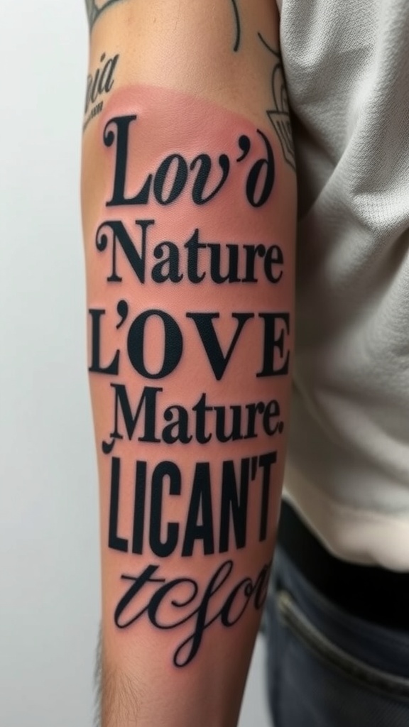 A close-up of a tattoo featuring various typography styles on a person's arm.