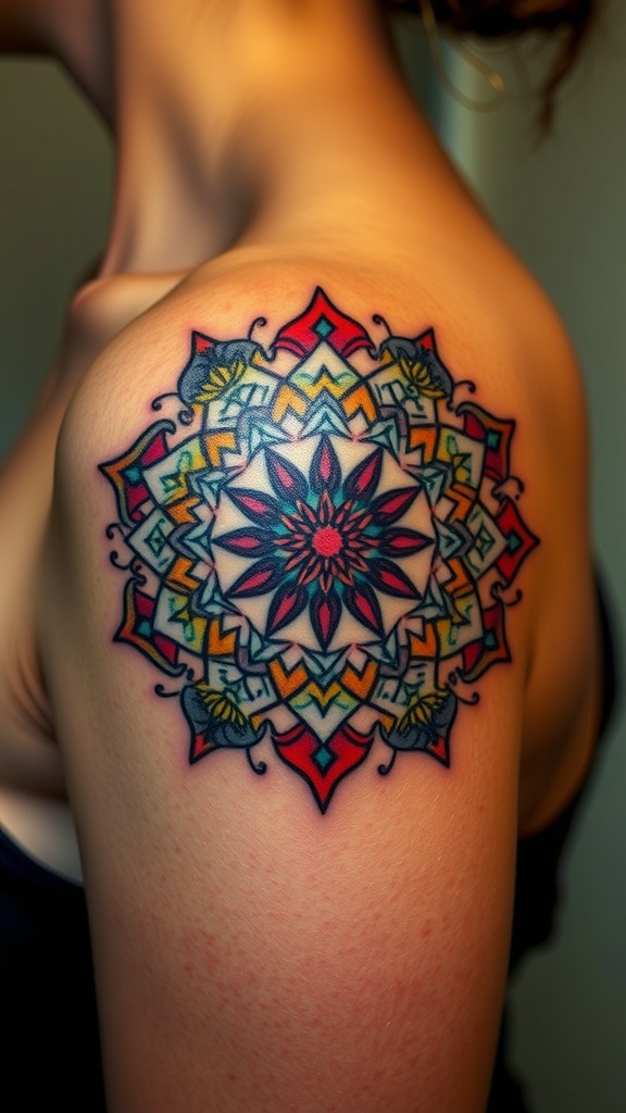 A colorful circular mandala tattoo on a shoulder.
