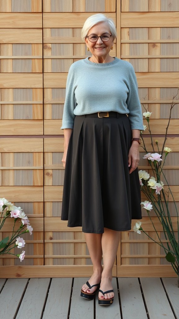 A woman over 50 wearing a classic A-line skirt with a light blue sweater, standing in front of wooden panels with flowers.