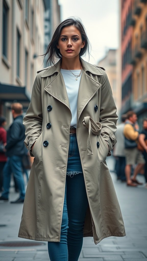 A woman wearing a beige trench coat over a white shirt and blue jeans, walking on a city street.