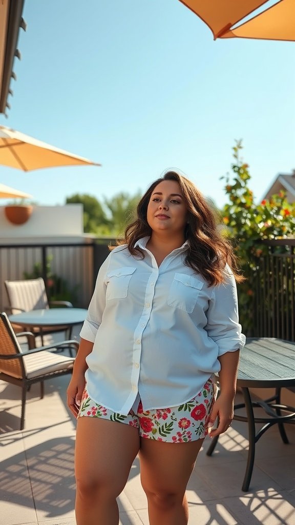 Woman wearing a classic white shirt and bright floral shorts, outdoors.