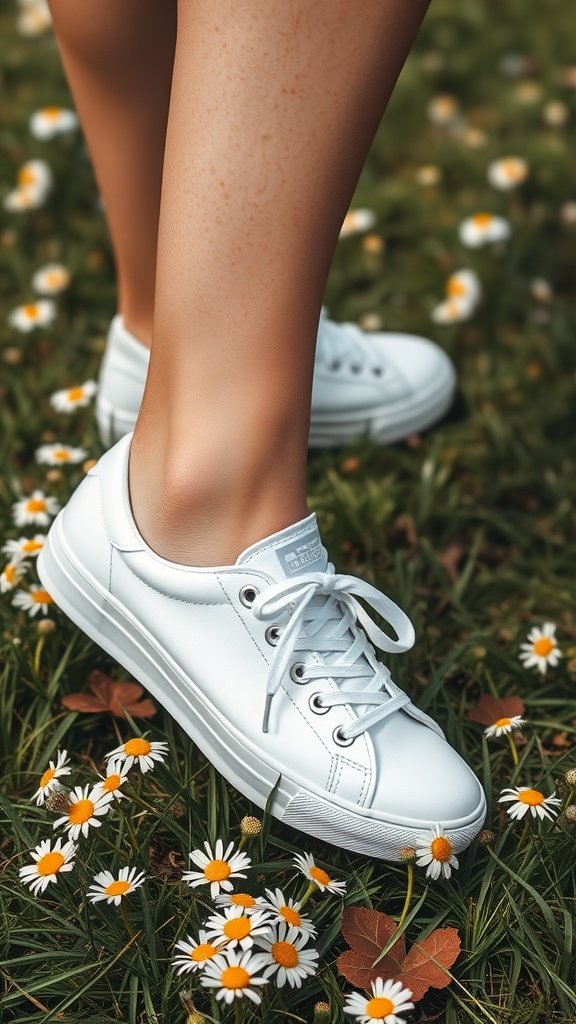 A close-up of classic white sneakers on a grassy field dotted with daisies.