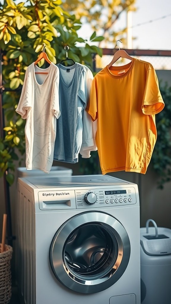 A washing machine with a vibrant orange top hanging nearby, representing sustainable laundry practices.