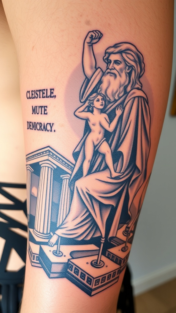 Tattoo of Cleisthenes, the Father of Democracy, with a child and Greek architecture.