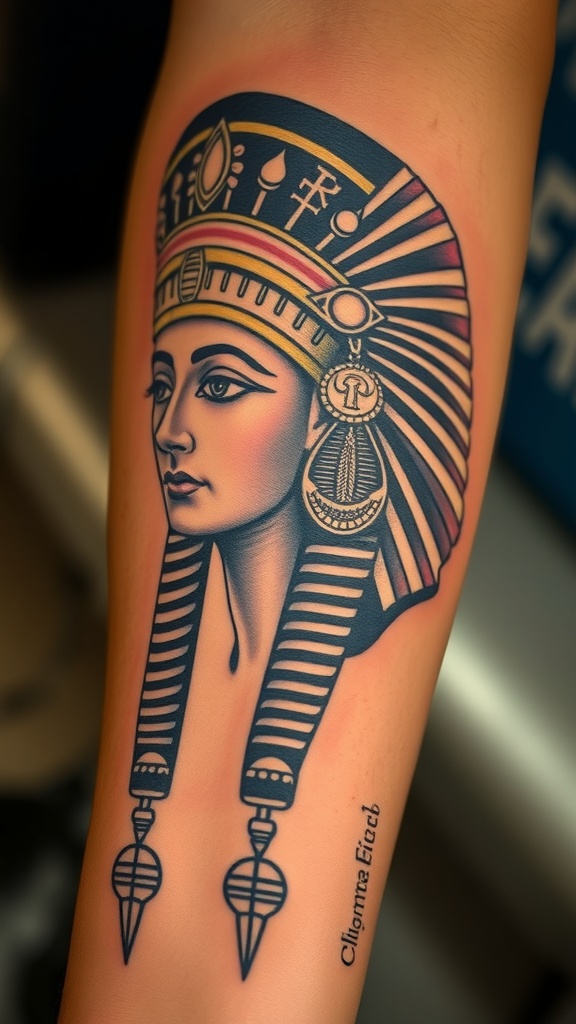 Tattoo of Cleopatra with a detailed headdress and facial features.