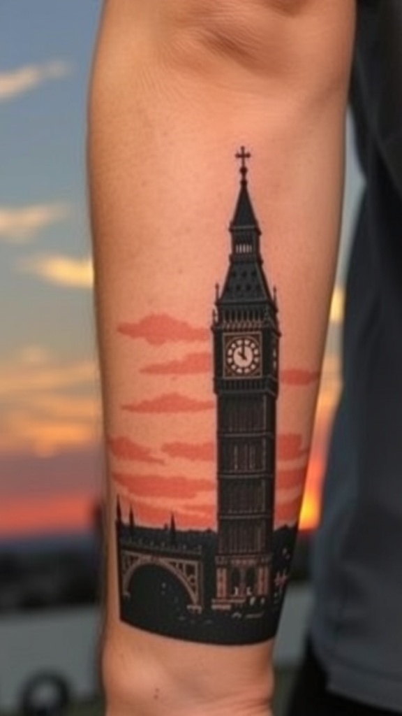 A tattoo of a clock tower silhouette against a sunset background.