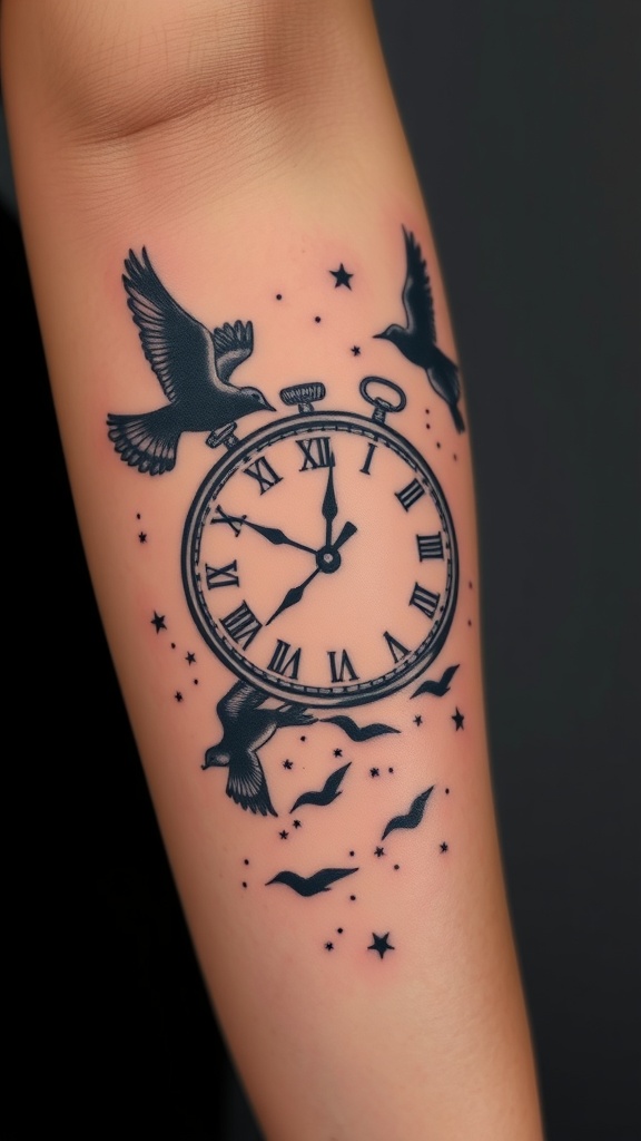 Tattoo of a clock surrounded by birds in flight