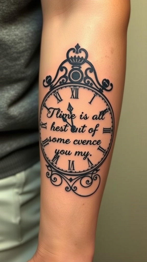Tattoo of a clock with a quote on an arm