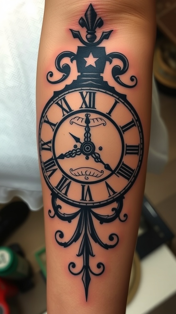 A detailed tattoo of a clock with Roman numerals and ornate designs.