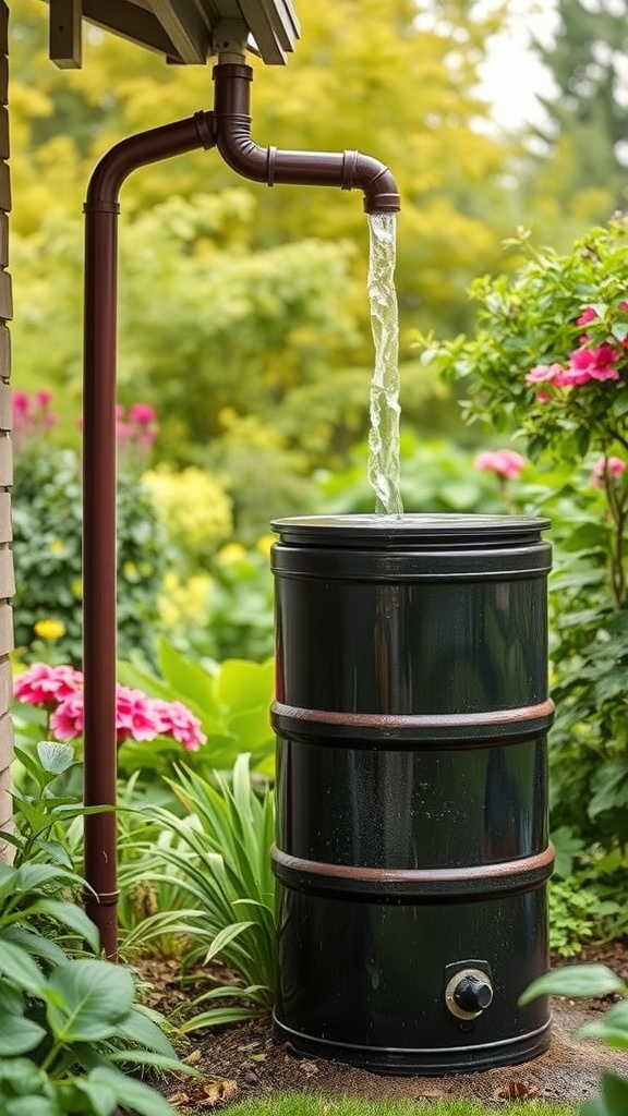 A rain barrel collecting water from a downspout in a garden.