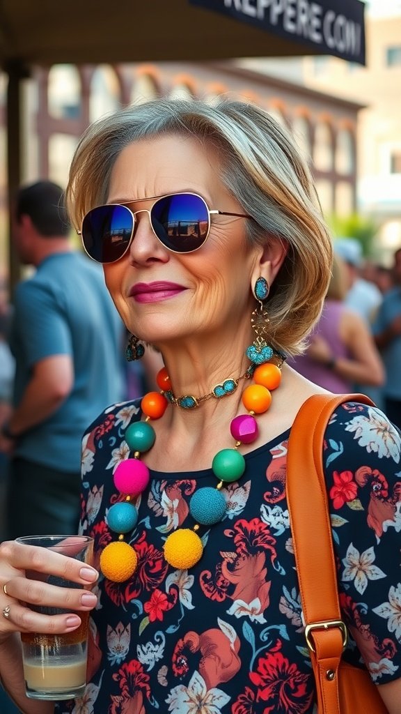A woman wearing colorful accessories including a bold necklace and sunglasses, holding a drink.
