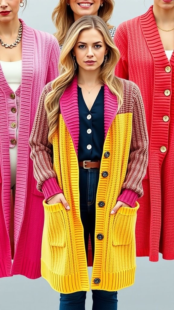 A collection of colorful cardigans hanging on a rack, showcasing various shades and patterns.