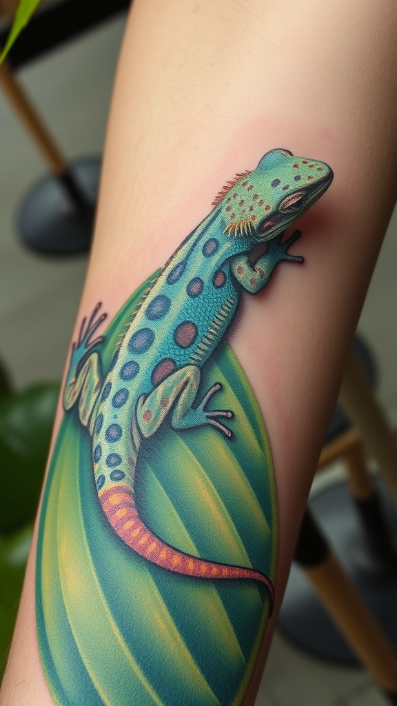 A colorful gecko tattoo on a leaf
