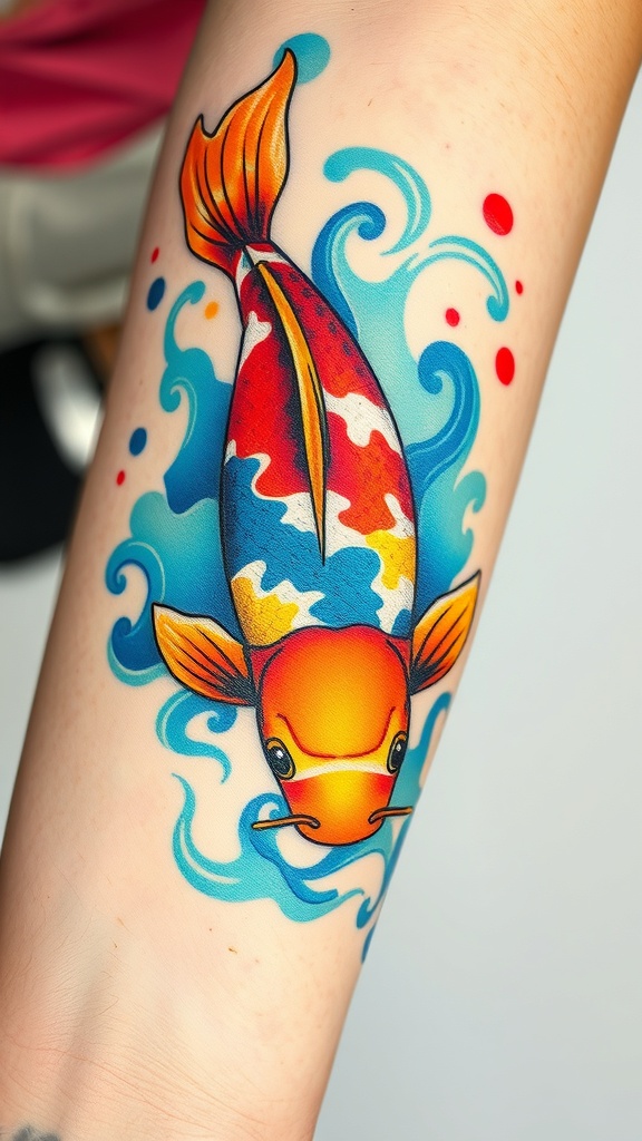 Colorful koi fish tattoo with blue waves and bright colors.