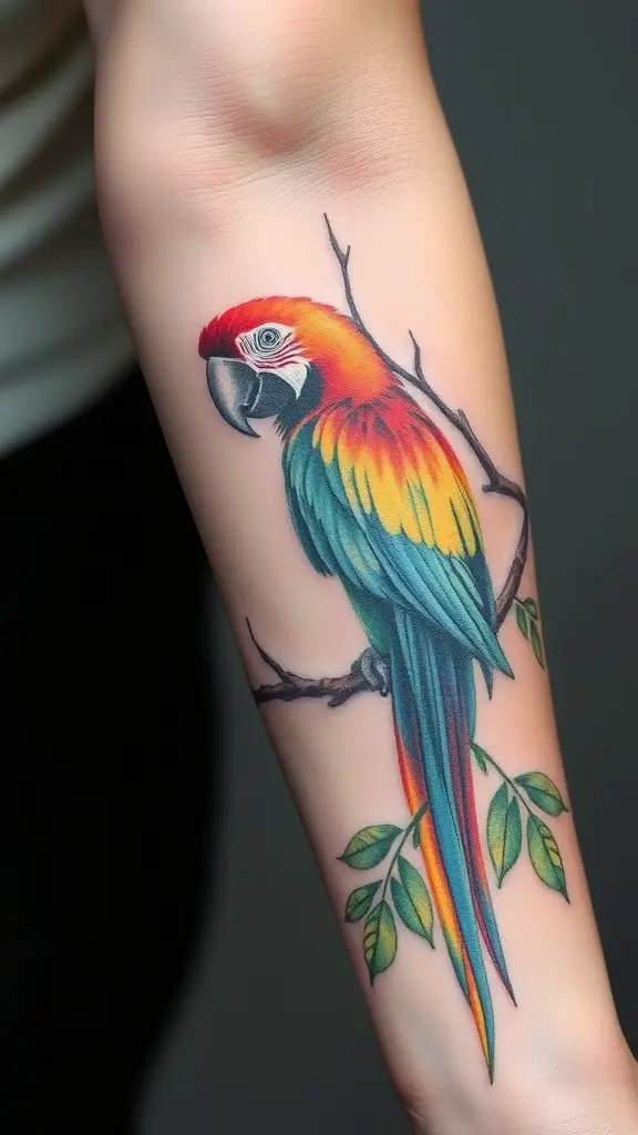 A colorful macaw tattoo on a person's forearm, featuring bright red, yellow, and blue feathers perched on a branch with green leaves.