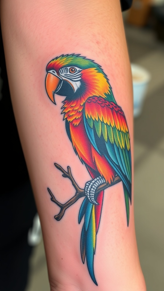 A colorful parrot tattoo perched on a branch.