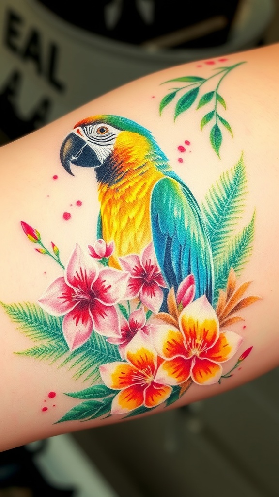 Colorful parrot tattoo surrounded by tropical flowers and foliage