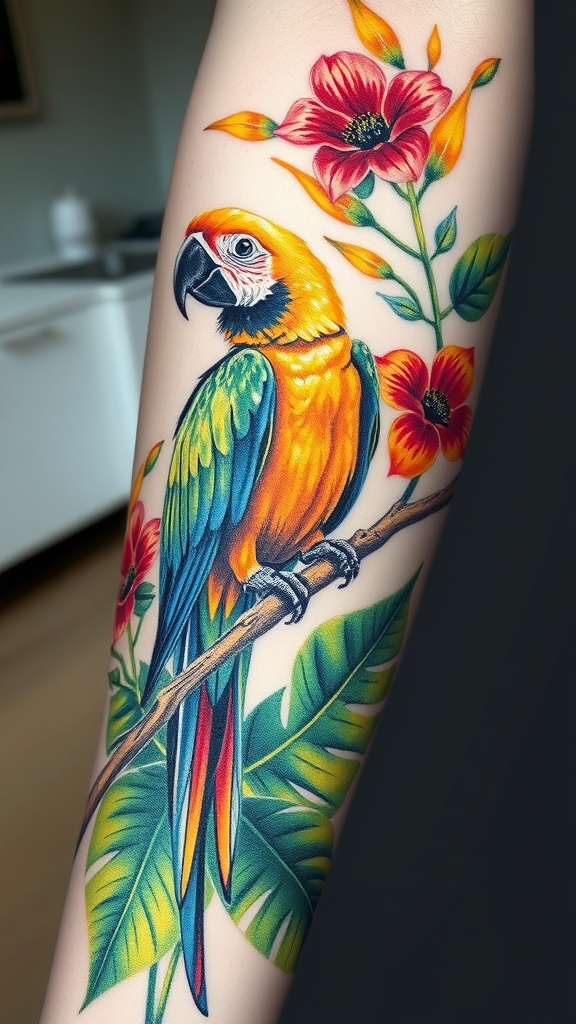 Colorful parrot tattoo with tropical flowers and leaves.