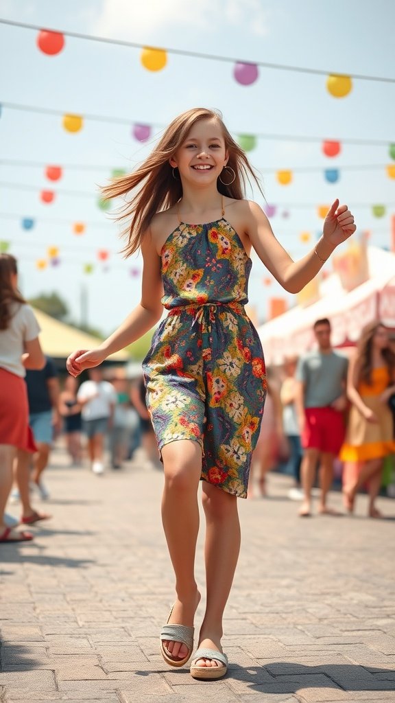 A girl in a colorful floral romper and espadrilles, smiling while walking in a festive outdoor setting.