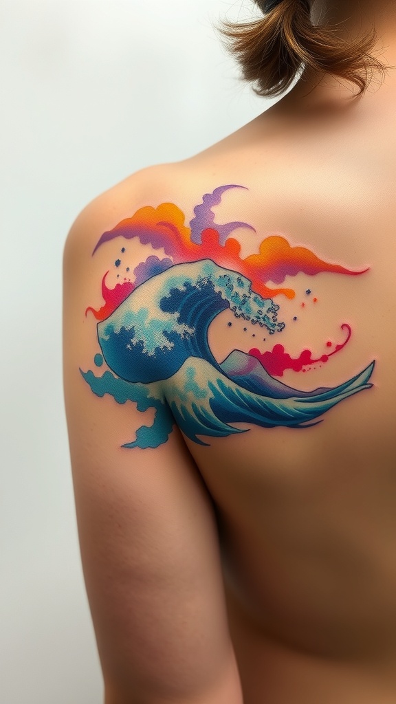 Colorful watercolor splash tattoo of waves on a shoulder