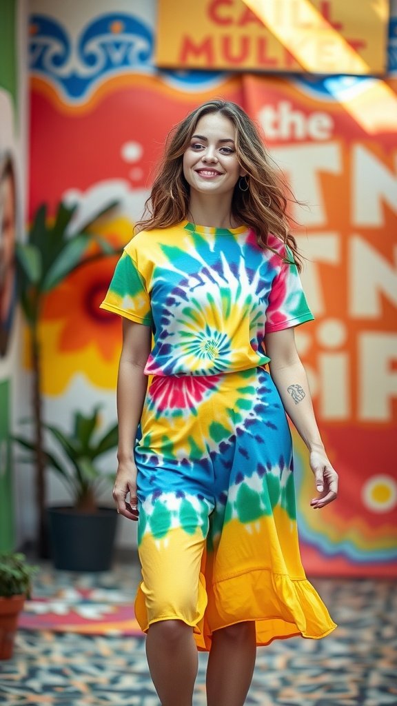 A woman in a colorful tie-dye outfit walking in a vibrant setting.