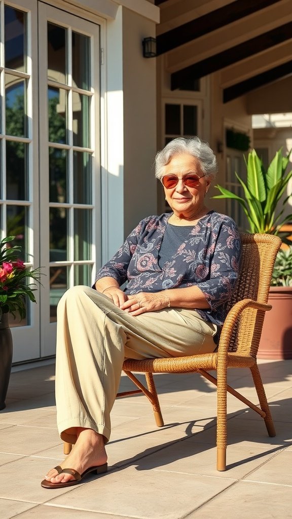 A woman sitting on a porch wearing a stylish outfit with comfortable pants.