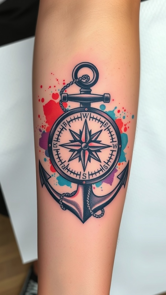 Watercolor tattoo of a compass and anchor on a person's forearm.