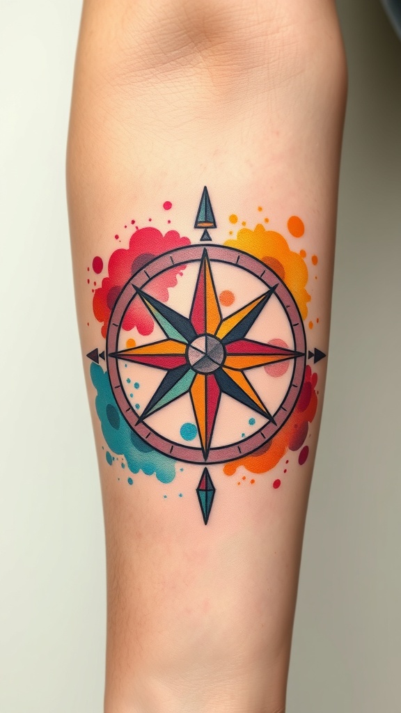 Colorful compass rose tattoo with geometric shapes