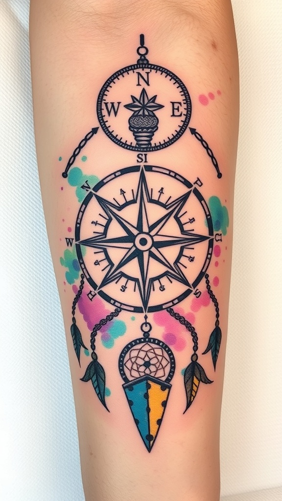 Tattoo design featuring a compass and dreamcatcher elements