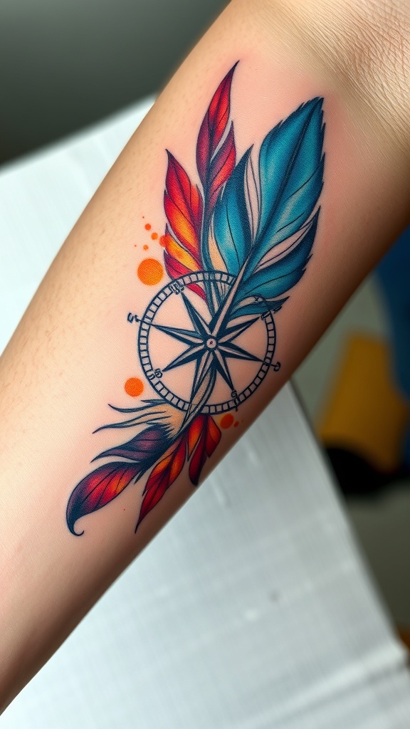 A colorful compass tattoo with feathers in watercolor style.