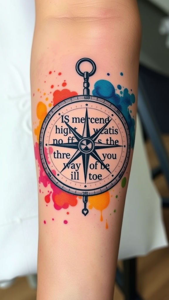 Watercolor compass tattoo with an inspirational quote and colorful splashes