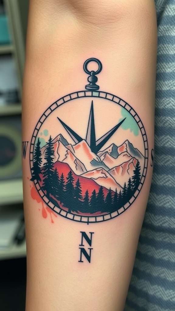 A watercolor compass tattoo featuring mountains and trees.