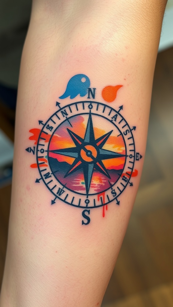 A colorful compass tattoo featuring sunset colors on a person's arm.