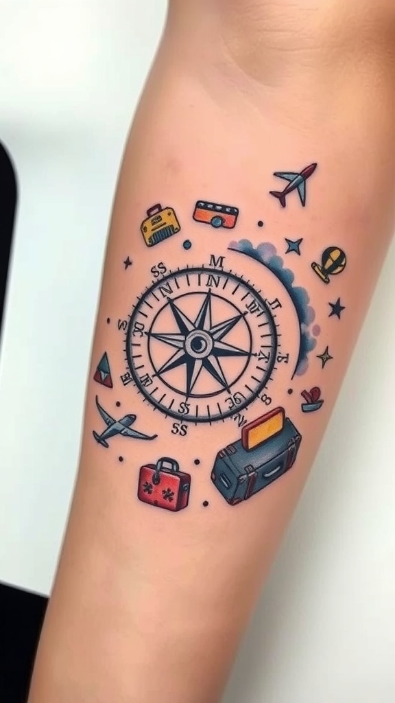 A colorful tattoo featuring a compass surrounded by travel icons like planes, suitcases, and a hot air balloon.
