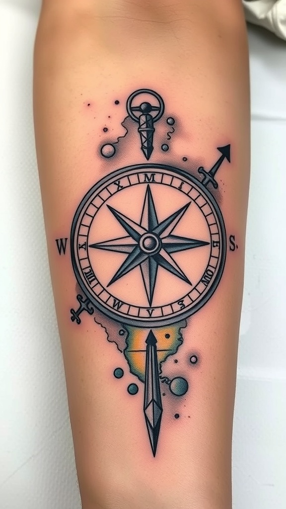 Watercolor compass tattoo with vintage map elements