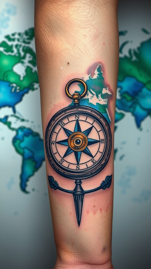 Watercolor compass tattoo with world map background