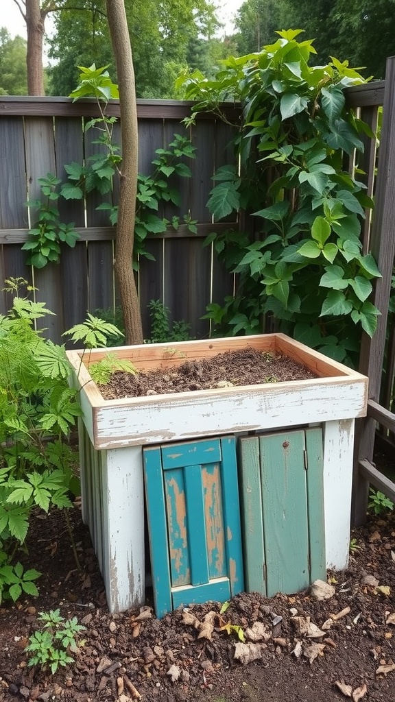 A compost bin made from old furniture, featuring a wooden structure with colorful doors, surrounded by plants.