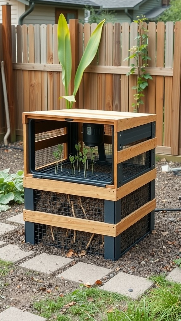 A stylish compost bin with an aeration system, featuring wooden and metal components.