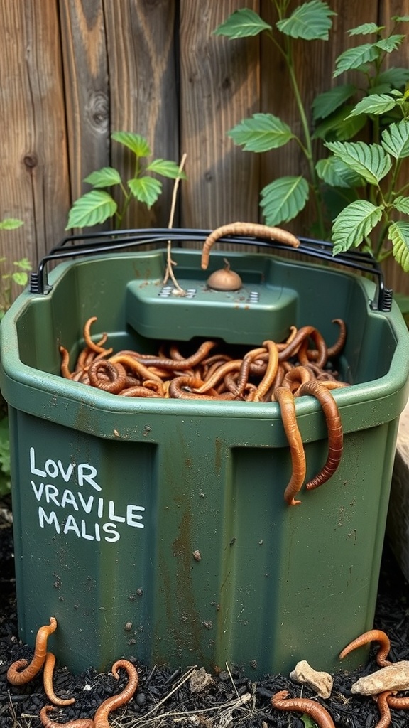 A green compost bin filled with worms and surrounded by plants.