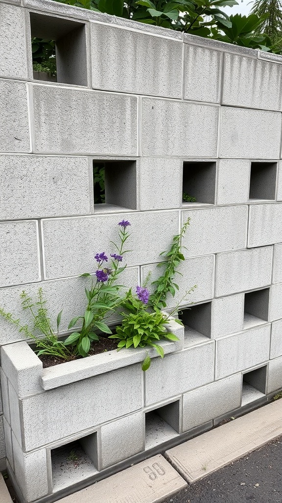 A concrete block wall with various herbs planted in it.