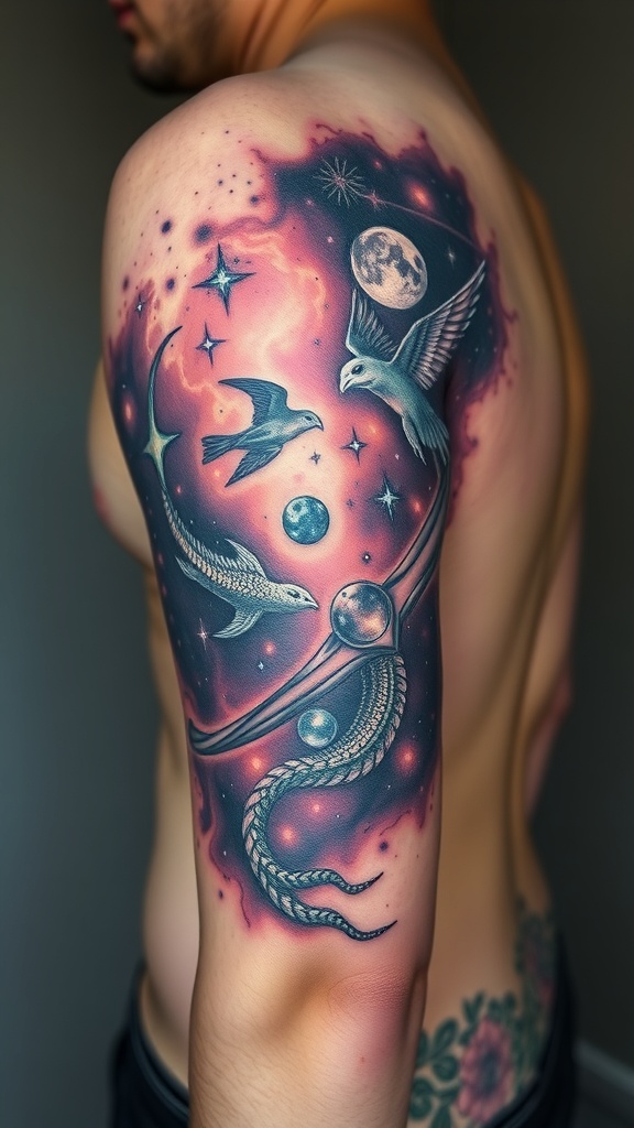 A colorful tattoo featuring cosmic elements and creatures like birds and serpents.