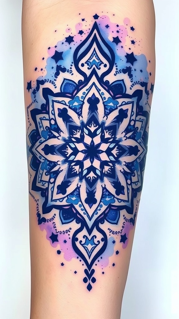 A colorful cosmic mandala tattoo featuring intricate patterns and vibrant hues.